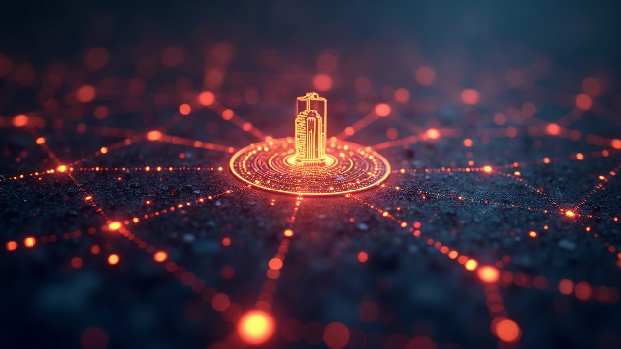 Photorealistic closeup of a blockchain network with Platåberget emblem, Glamsterdam skyline and streaming data nodes.
