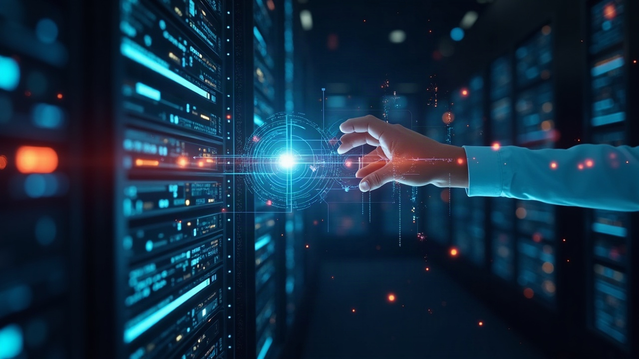 Sleek data center with a glowing MCP server feeding real-time crypto data to a digital agent and holographic charts.