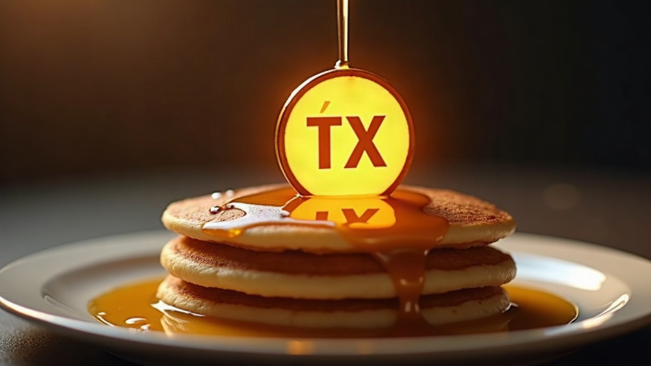 Photorealistic TMX token above a PancakeSwap syrup pool on the BNB Chain, with soft lighting.