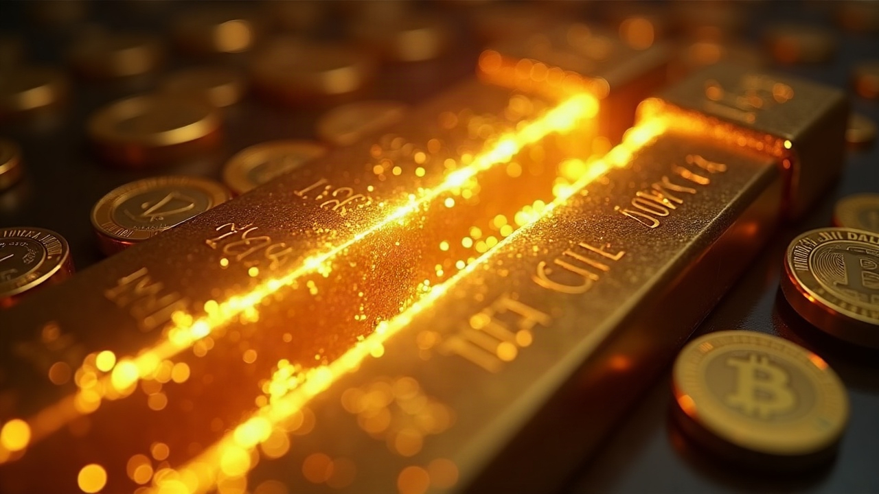 Photorealistic close-up of two bright liquidity rails converging into a vault of gold bars, with overlays of PAXG and XAUt
