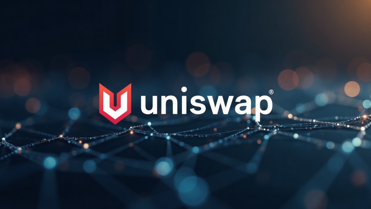 Photorealistic Uniswap logo centered on a blurred multi-chain network with the Robinhood Chain highlighted, symbolizing decentralization and liquidity.