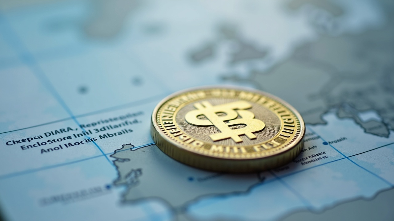 Photorealistic close-up of a MiCA-regulated USDSM token atop a European regulatory document.