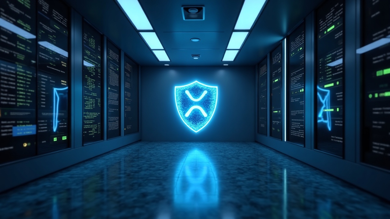 Futuristic XRP node room with a privacy shield symbolizing institutional RWA tokenization.