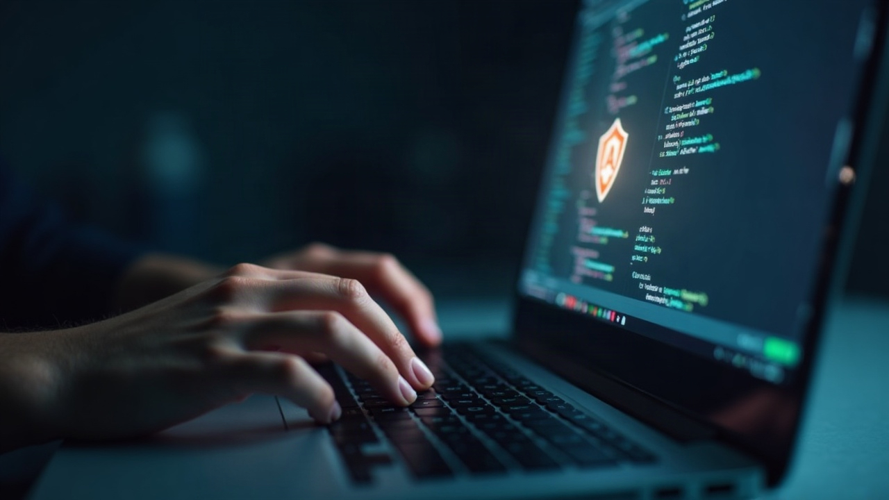 Close-up of a developer reviewing smart contract code on a laptop, with a subtle shield icon and Arbitrum branding.