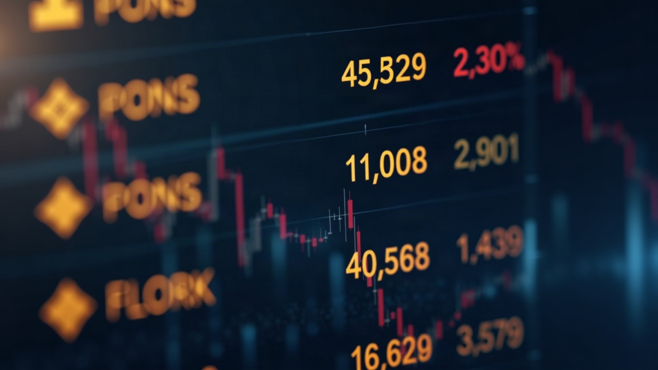 Photorealistic Binance Alpha trading screen showing PONS and FLORK tickers with glow, minimal background
