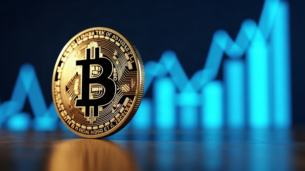 Close-up Bitcoin coin with a neon blue rising chart behind in a minimalist newsroom, signaling a Bitcoin-led rally toward $3 trillion