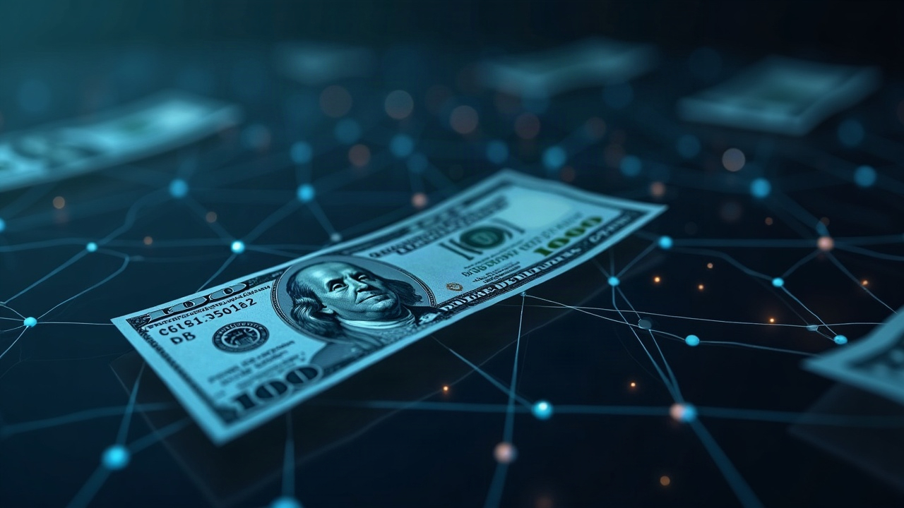 Image of digital dollars flowing on a decentralized network grid with a subtle BNB Chain emblem and fee-free transfers.