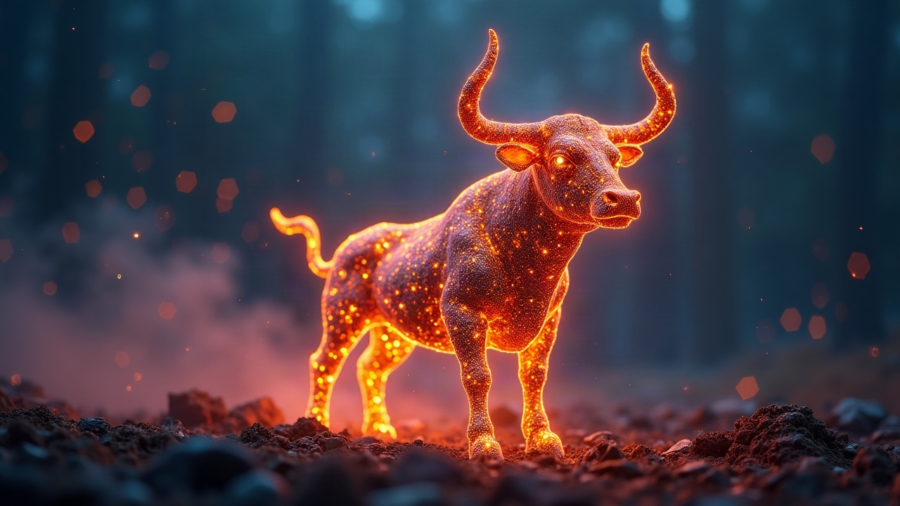 Realistic editorial shot of a glowing blockchain bull rising, symbolizing a major crypto bull run led by institutions