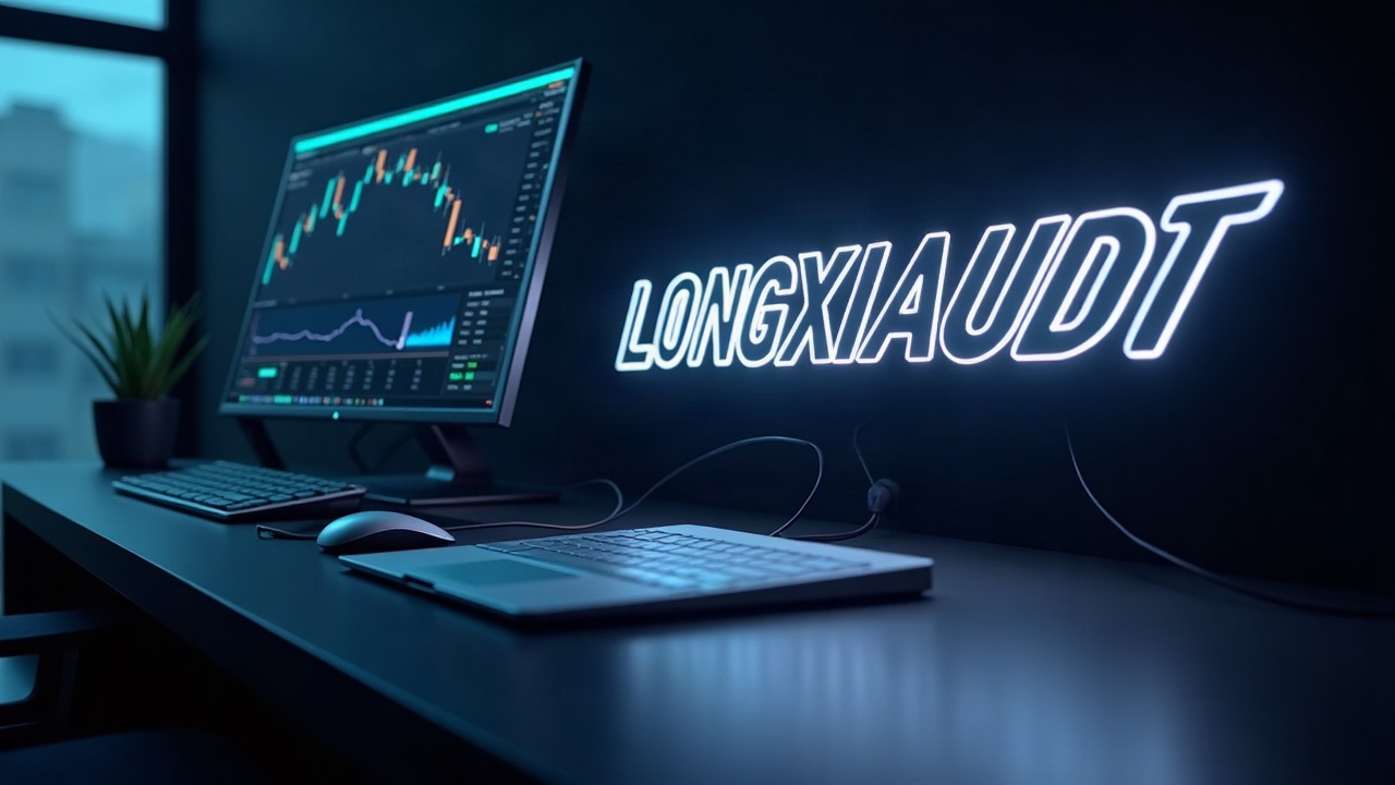 Futuristic trading desk with glowing LONGXIAUSDT logo, Bybit branding, and a prominent 10x leverage motif.
