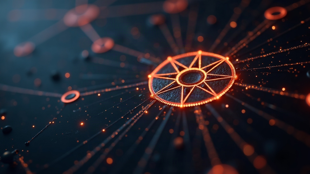 Photorealistic close-up of the Cardano emblem linked to a glowing node network, hinting at 1,000 TPS.