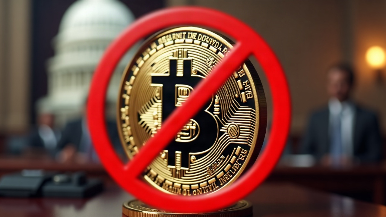 Close-up of a Bitcoin logo with a red stop sign overlay, blurred Senate chamber in the background.
