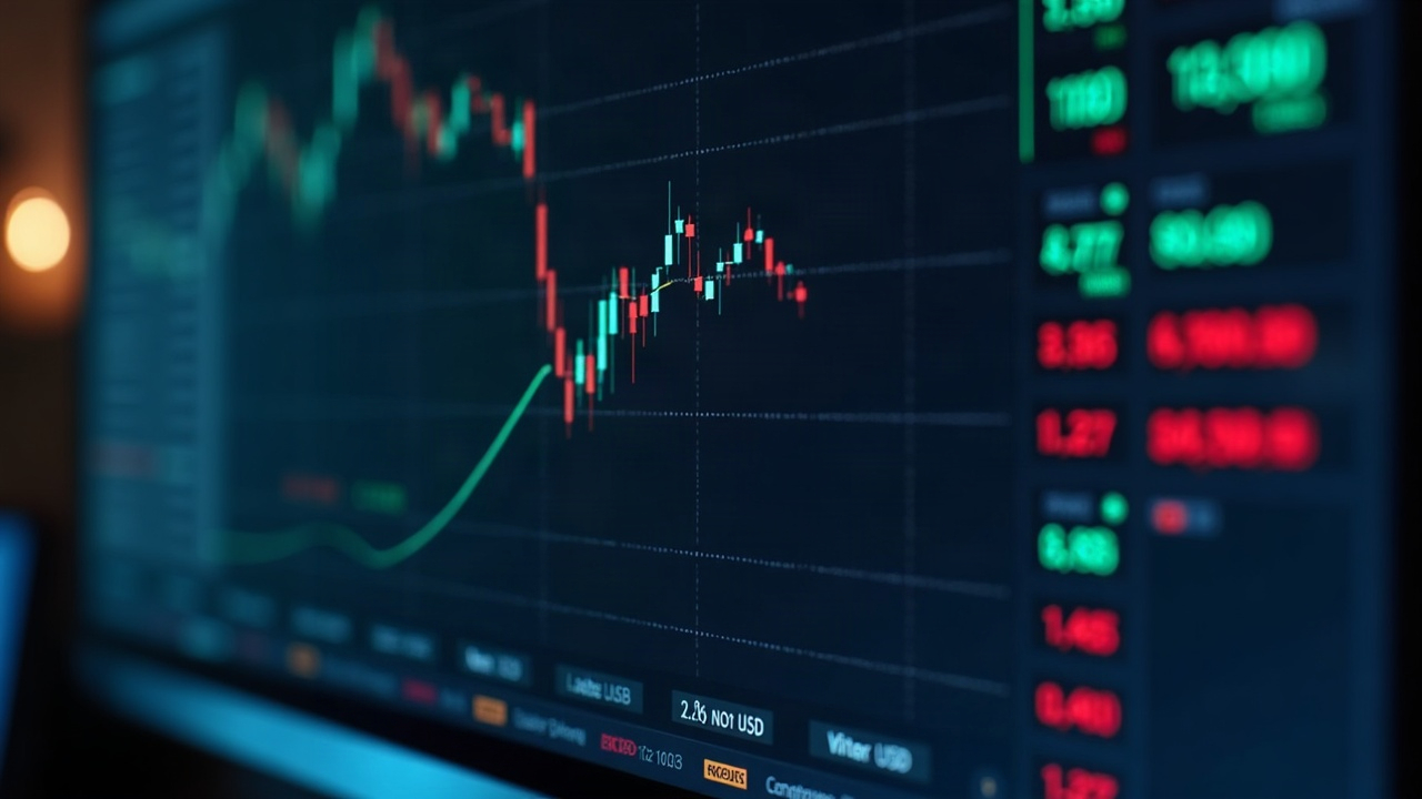 Photorealistic close-up of a crypto trading desk with a monitor showing dimmed non-USD order books and a red pause icon.
