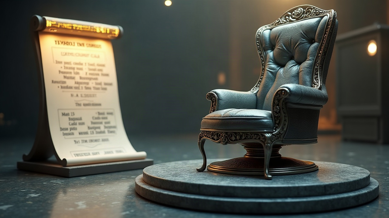 Photorealistic CyberThrone NFT on a pedestal with a licensing terms scroll and a revenue-share chart beside.