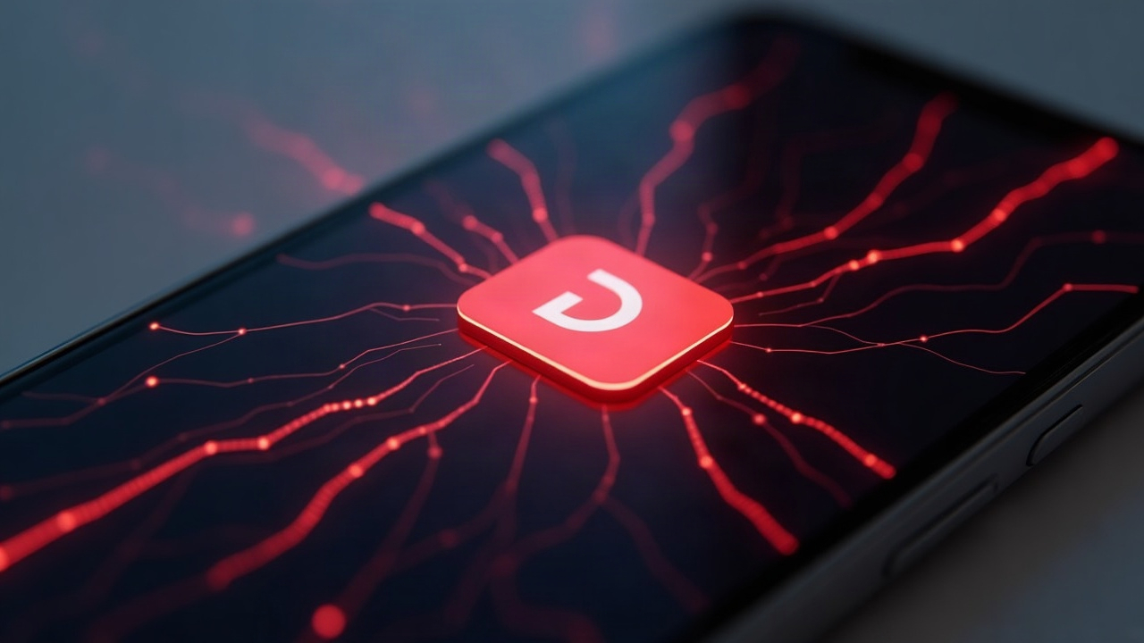 Photorealistic close-up of a smartphone displaying the DCENT wallet icon, breached by glowing red lines