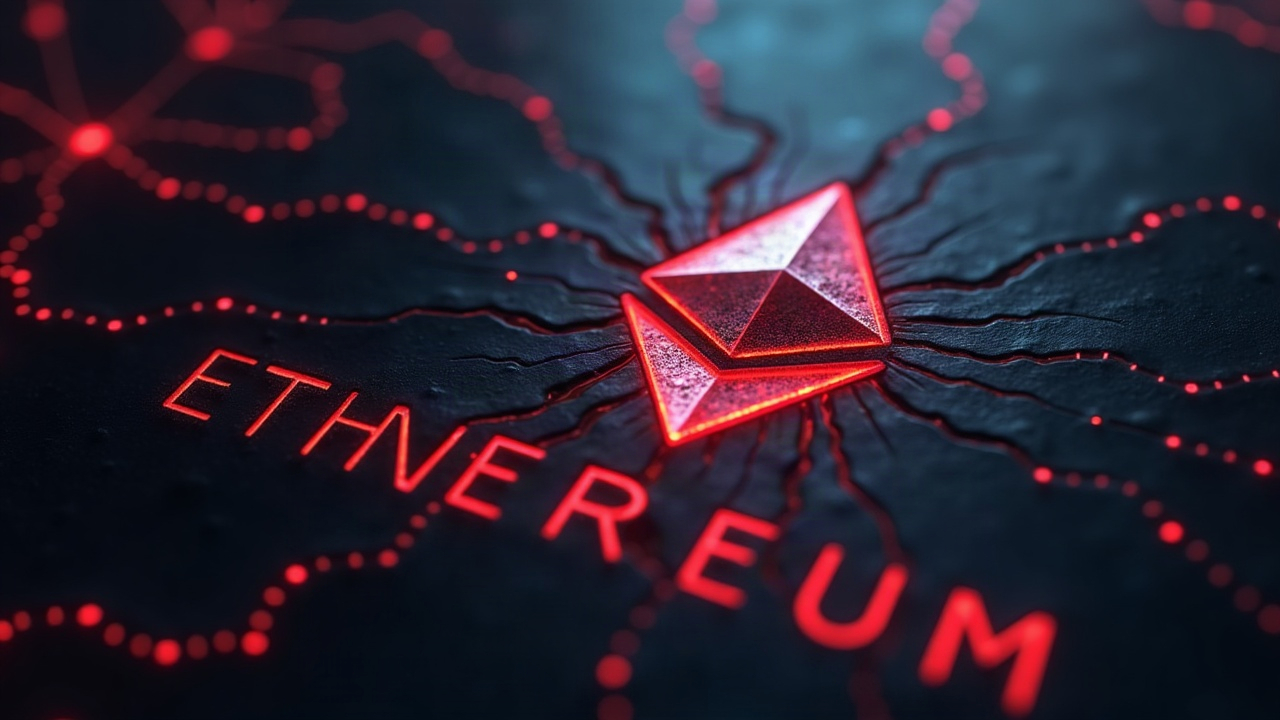 Photorealistic close-up of Ethereum logo cracked by a router silhouette with faint code and red glow.
