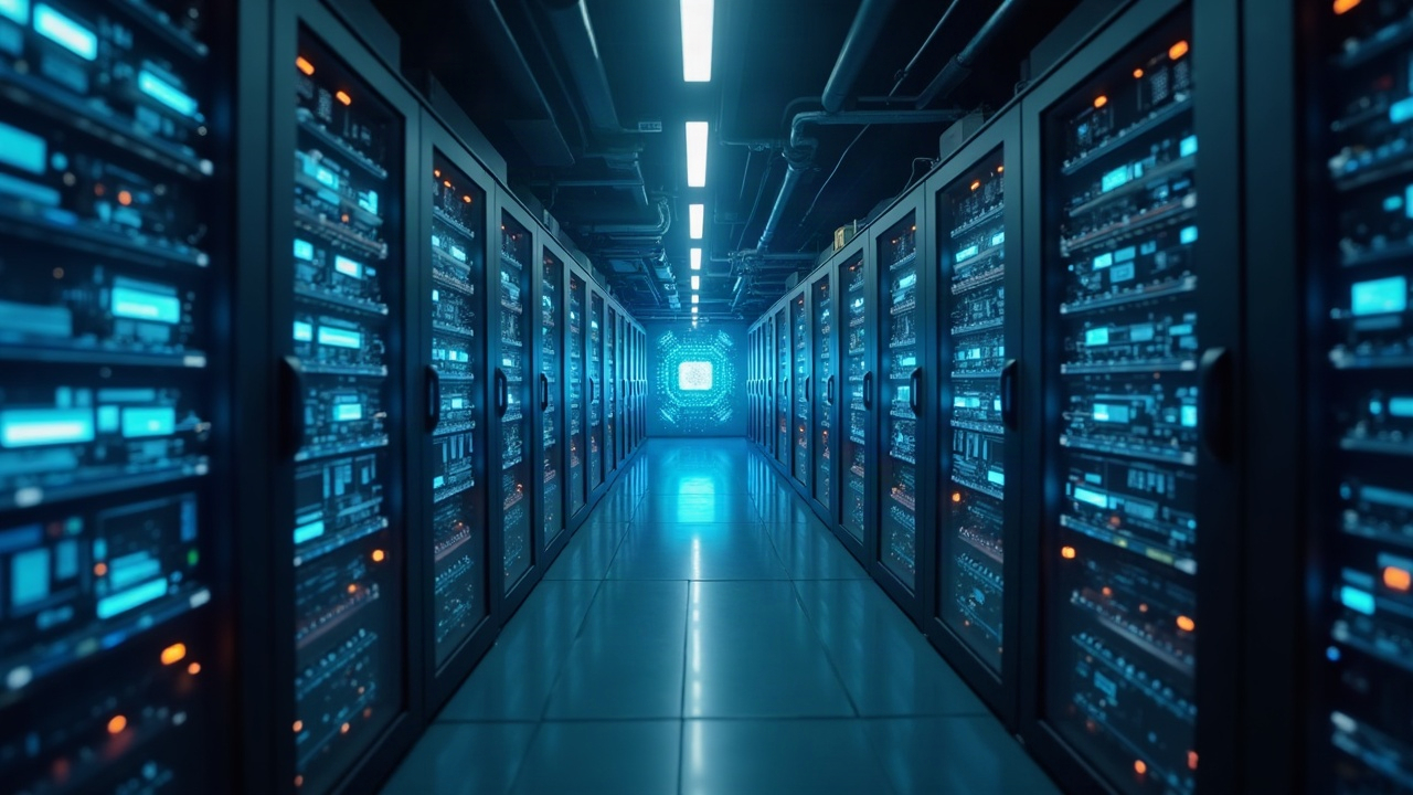 Photorealistic header of a decentralized AI agent stack with unique identities, tool access, and observability dashboards in a data center.