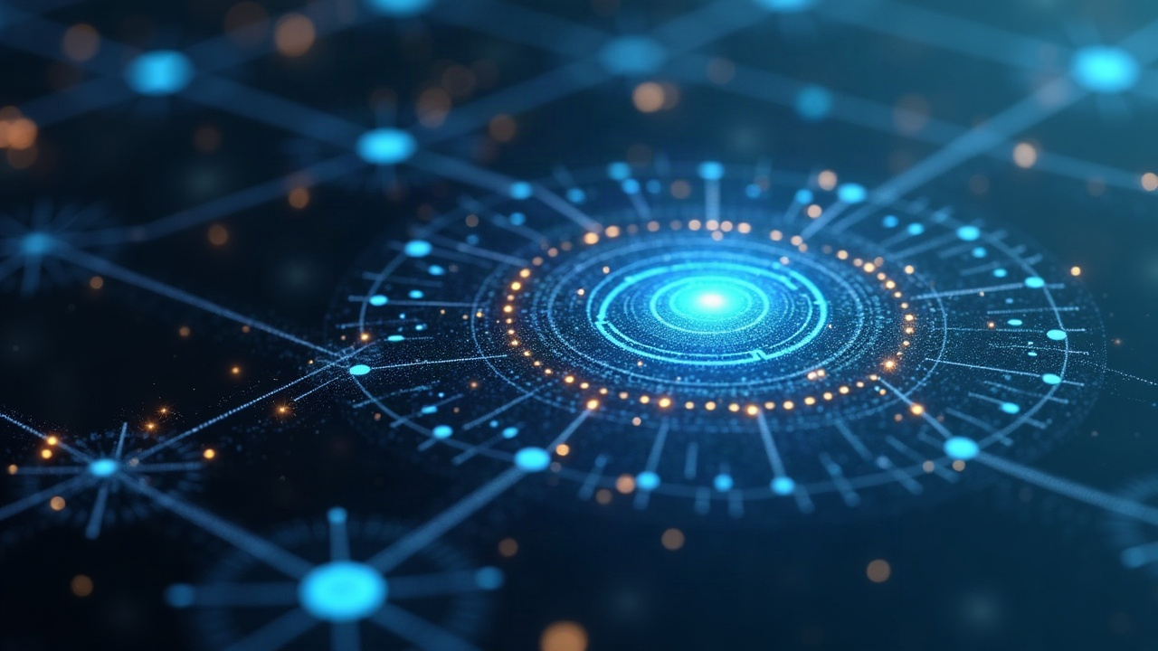Photoreal image of a central autonomous agent linked to holographic task nodes on a blockchain grid with crypto aesthetic.