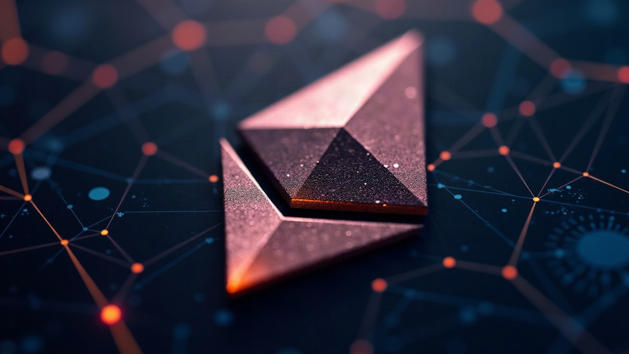 Photorealistic close-up of the Ethereum logo over a layered blockchain grid with a soft glow, signaling Glamsterdam testnet activation, ePBS and BALs.