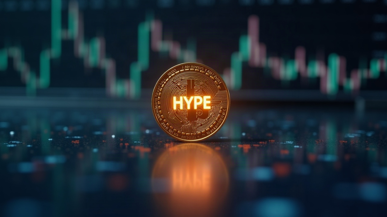Glowing HYPE token with Seed Tag before a softly blurred crypto exchange backdrop.