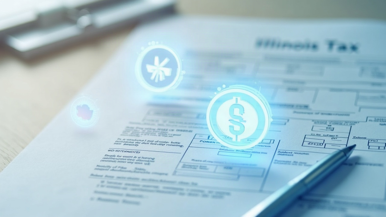 Tax form overlaid with DeFi icons and a stablecoin symbol, illustrating Illinois digital asset tax rules.