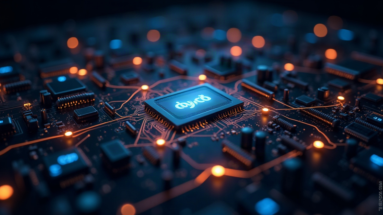 Futuristic decentralized GPU farm with glowing, interconnected nodes signaling large-scale AI inference.