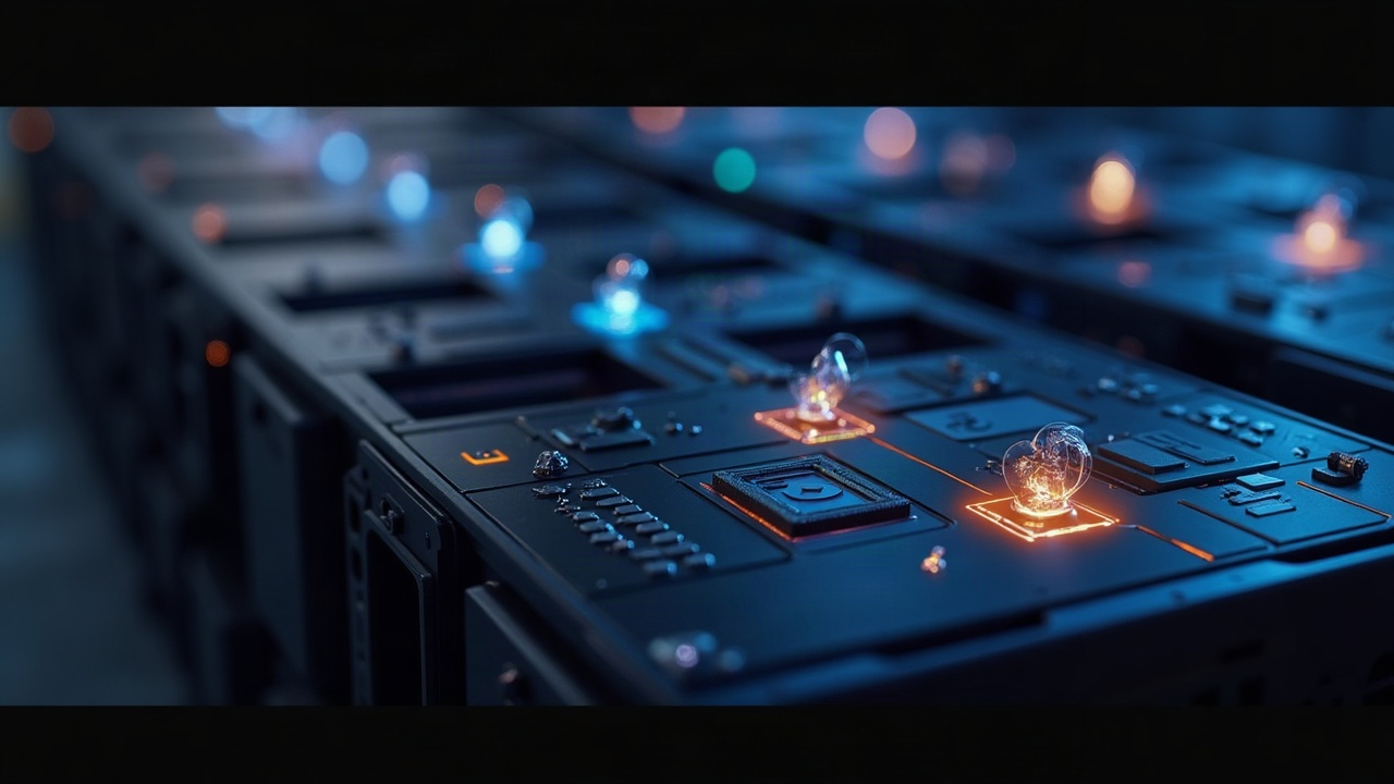Photorealistic GPU racks powering a Solana DePIN network with glowing IO tokens.