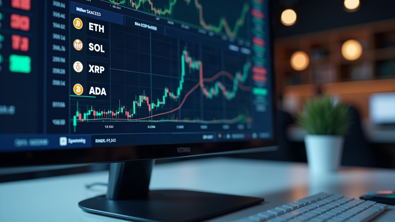 Photoreal trading desk with monitor showing BTC, ETH, SOL, XRP, ADA perpetual futures and a subtle regulatory seal.
