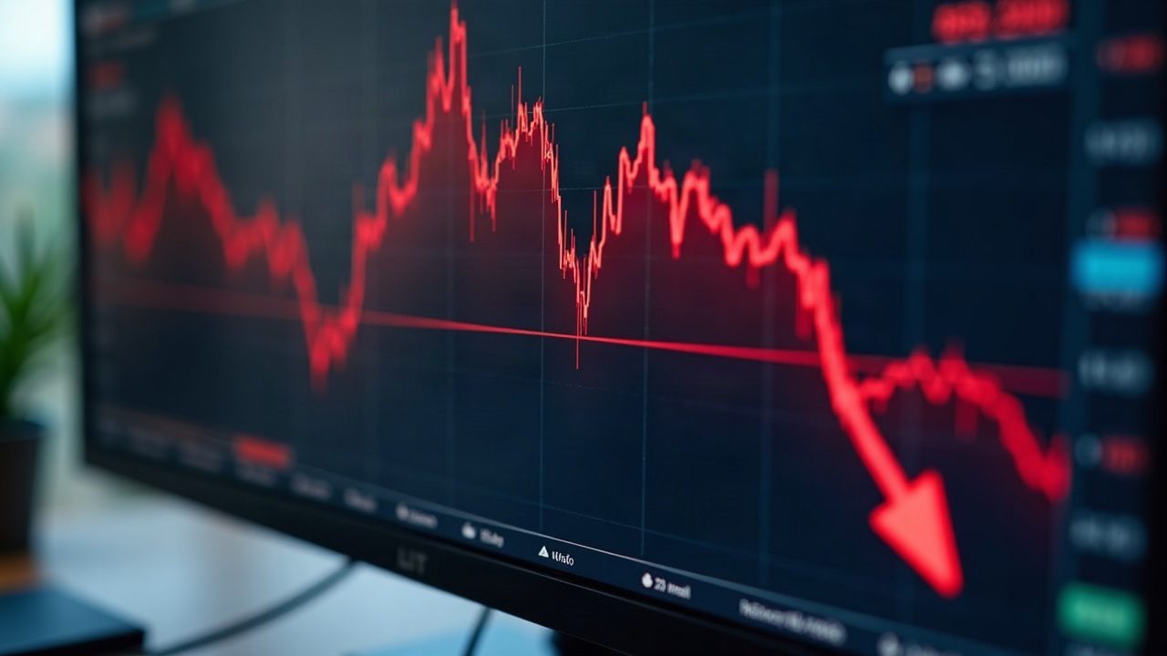 Close-up of a monitor with a sharp red LIT price drop, newsroom backdrop signaling market turmoil and Bitstamp tie-in