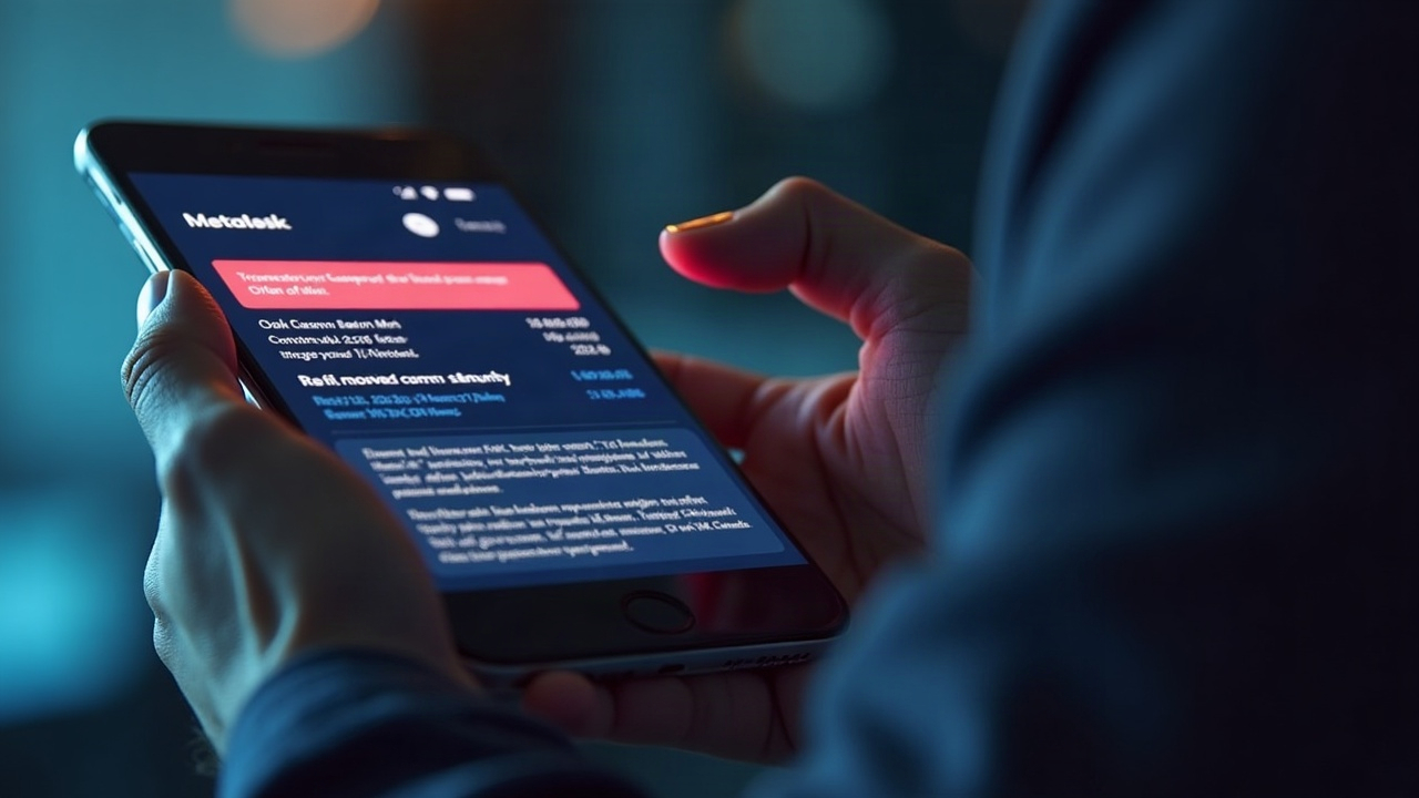 MetaMask mobile transfer screen with a romance-scam alert and blurred digital backdrop.
