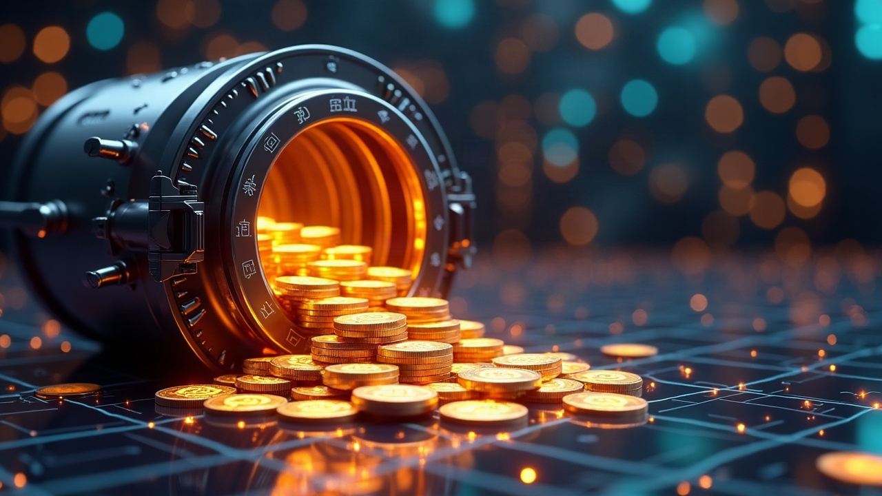 Photorealistic image of a high-tech vault overflowing with glowing USDC on a Sui blockchain grid.