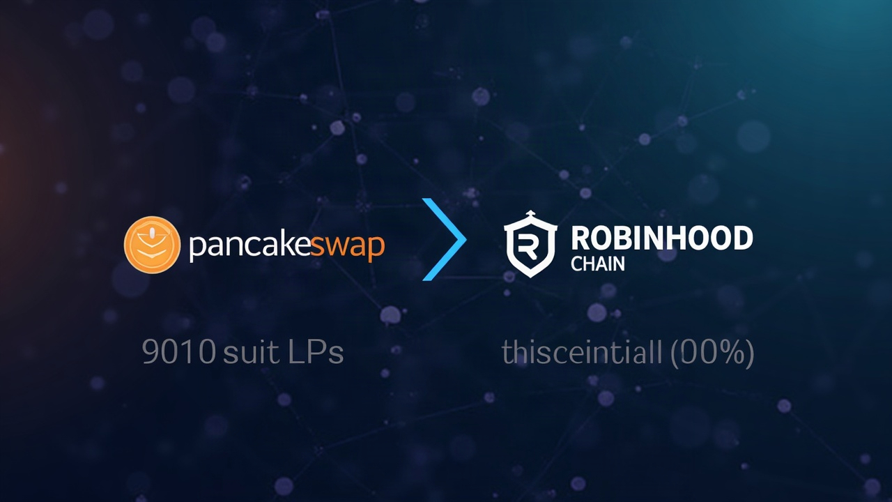 Photo-realistic cross-chain liquidity pool with PancakeSwap and Robinhood Chain logos and a bold 90/10 split for LPs