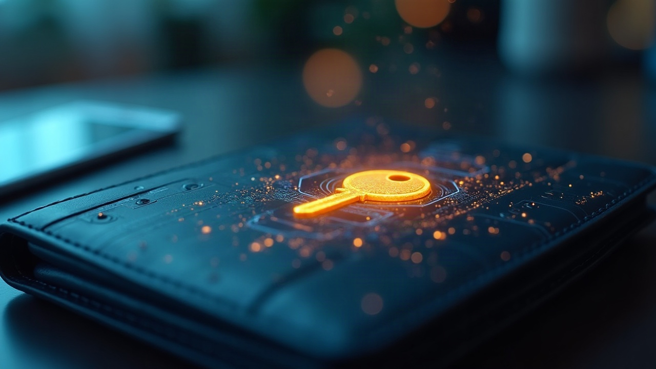 Photorealistic close-up of a glowing private key icon on a sleek wallet with a quantum circuit overlay, newsroom backdrop.