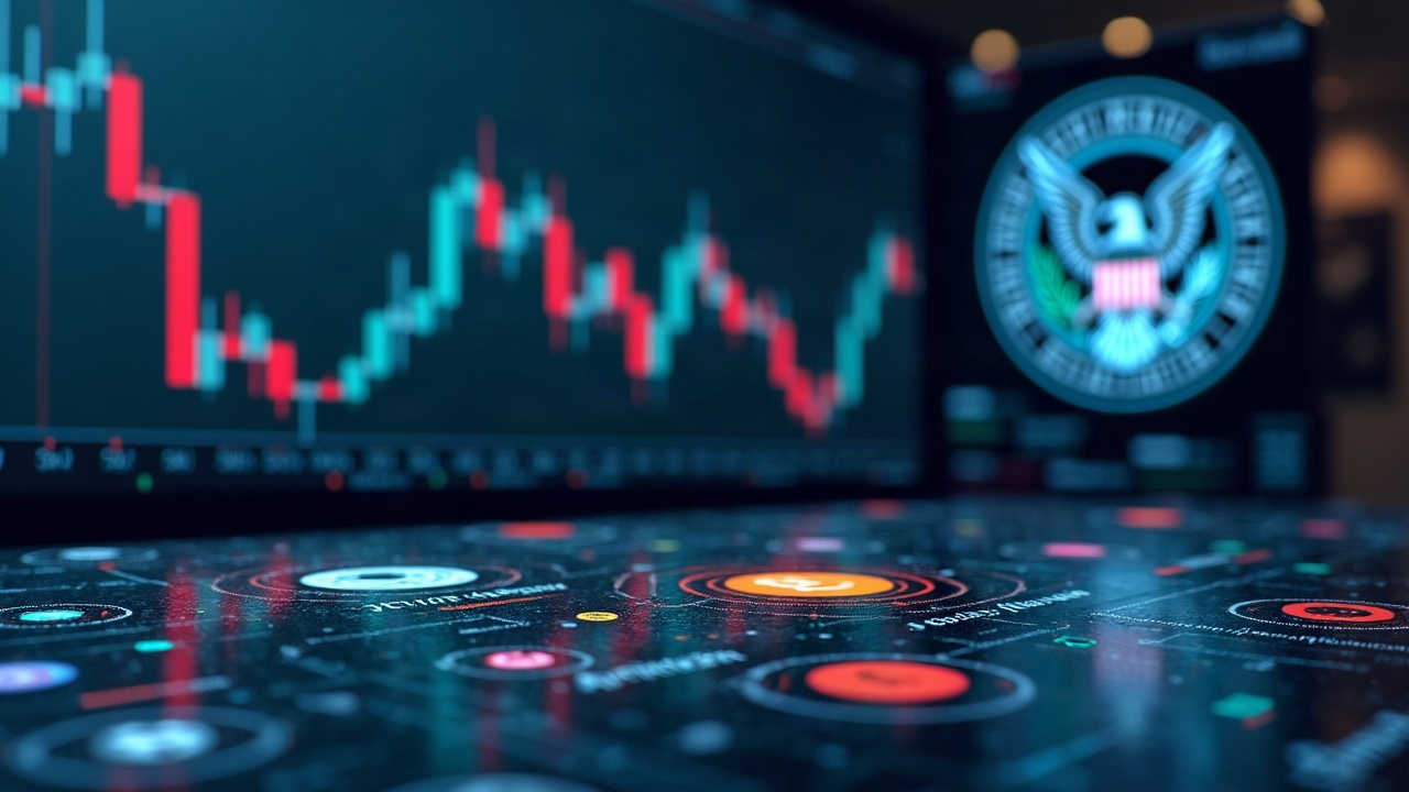Photorealistic trading desk with stock tickers, crypto logos, and SEC/CFTC seals signaling regulated perpetual futures.