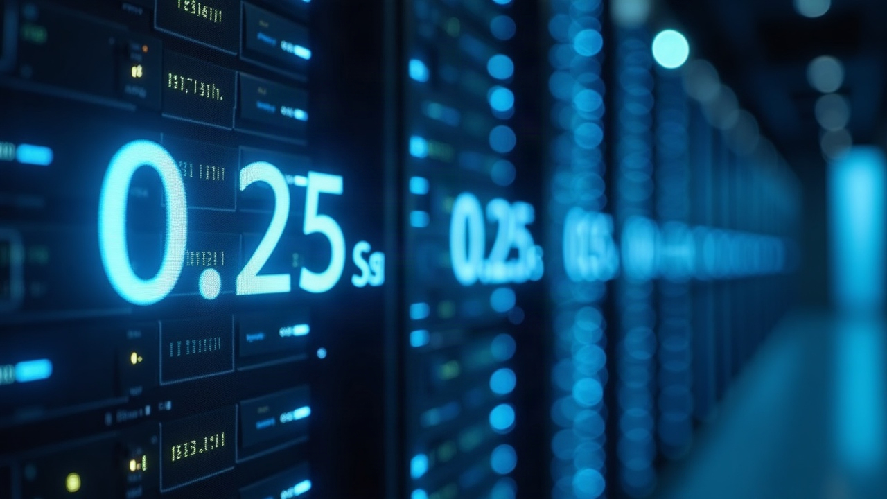 Photoreal data center with a glowing 0.25s timer and a rapid stream of blocks in a blue Solana-inspired palette