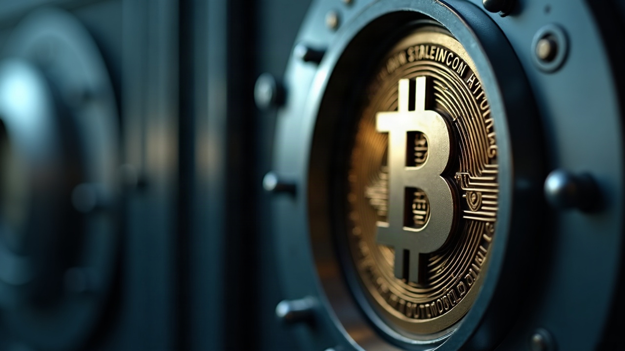 Photorealistic Bitcoin logo on a secure vault door, symbolizing a federal digital asset reserve.