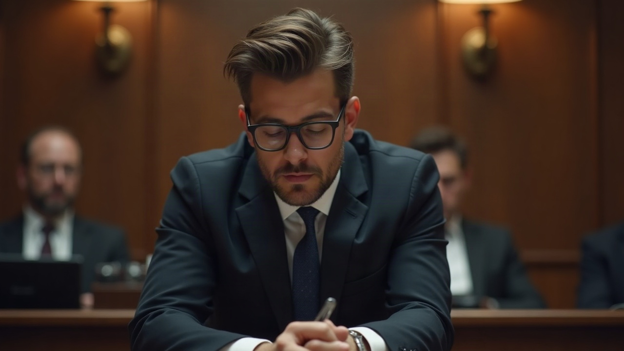 Photorealistic image of a self-represented crypto entrepreneur in a Toronto courtroom with subtle blockchain motifs in the background.