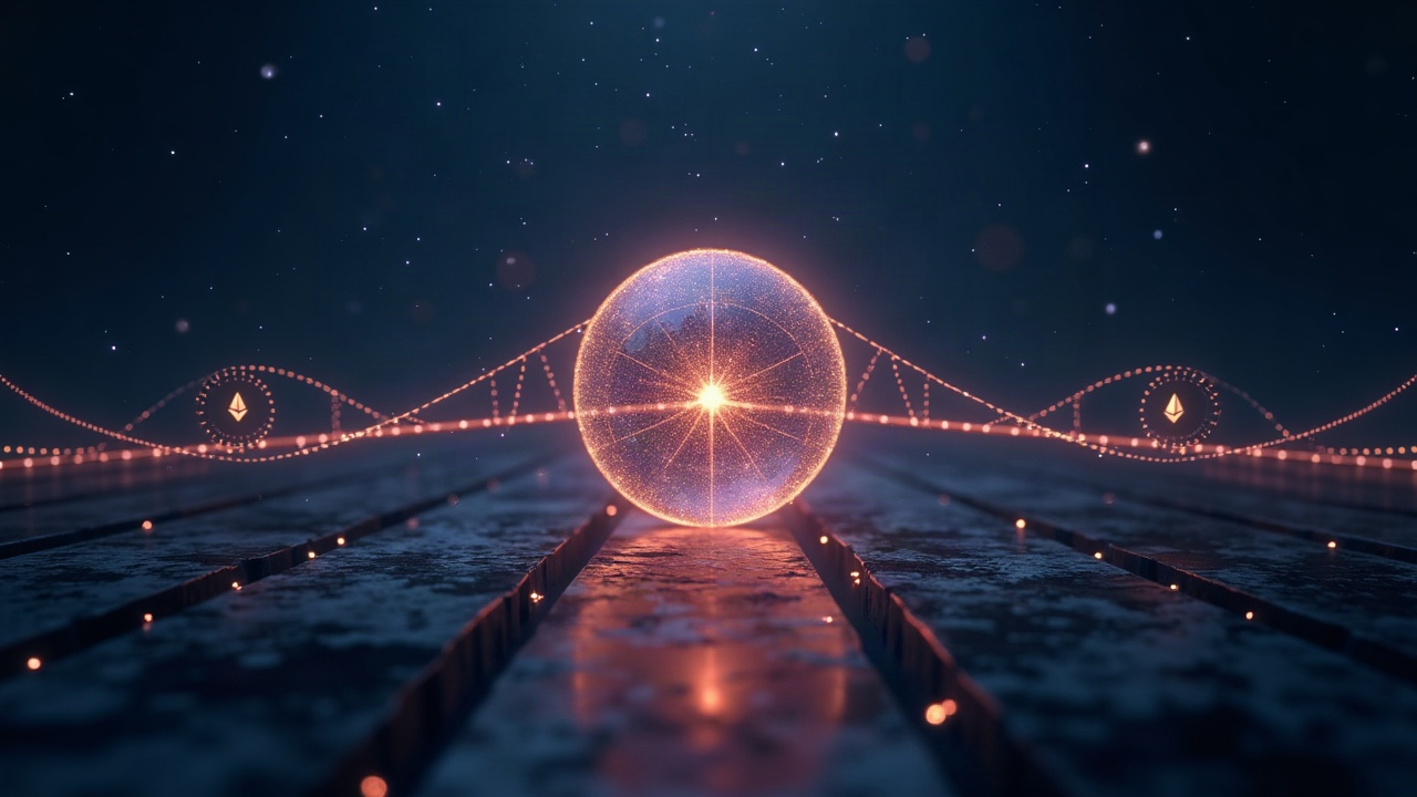 Photorealistic cross-chain bridge glowing between a TRON orb and Ethereum network via Stargate, showing USDe and sUSDe icons.
