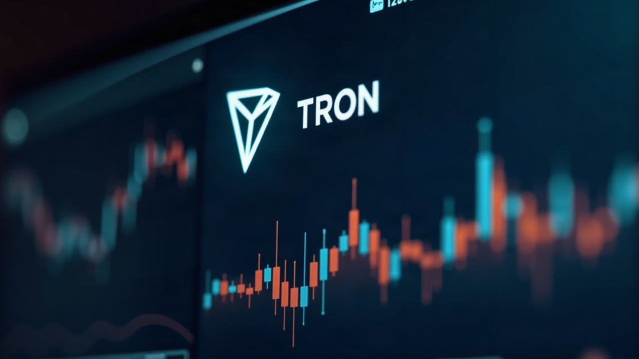 Close-up of a digital dashboard showing TRON logo, rising TVL, and flowing stablecoins along a glowing settlement rail.