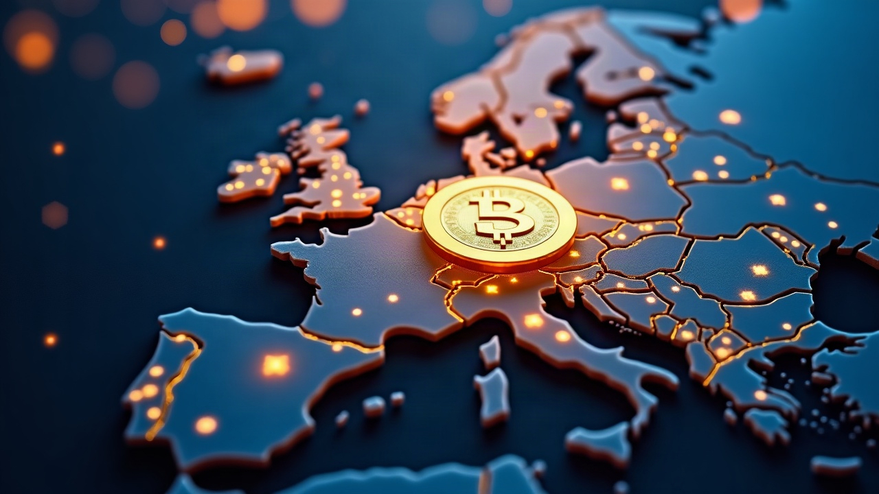 Glowing USD stablecoin above a Europe map with EU flag, symbolizing MiCAR-compliant cross-border liquidity.