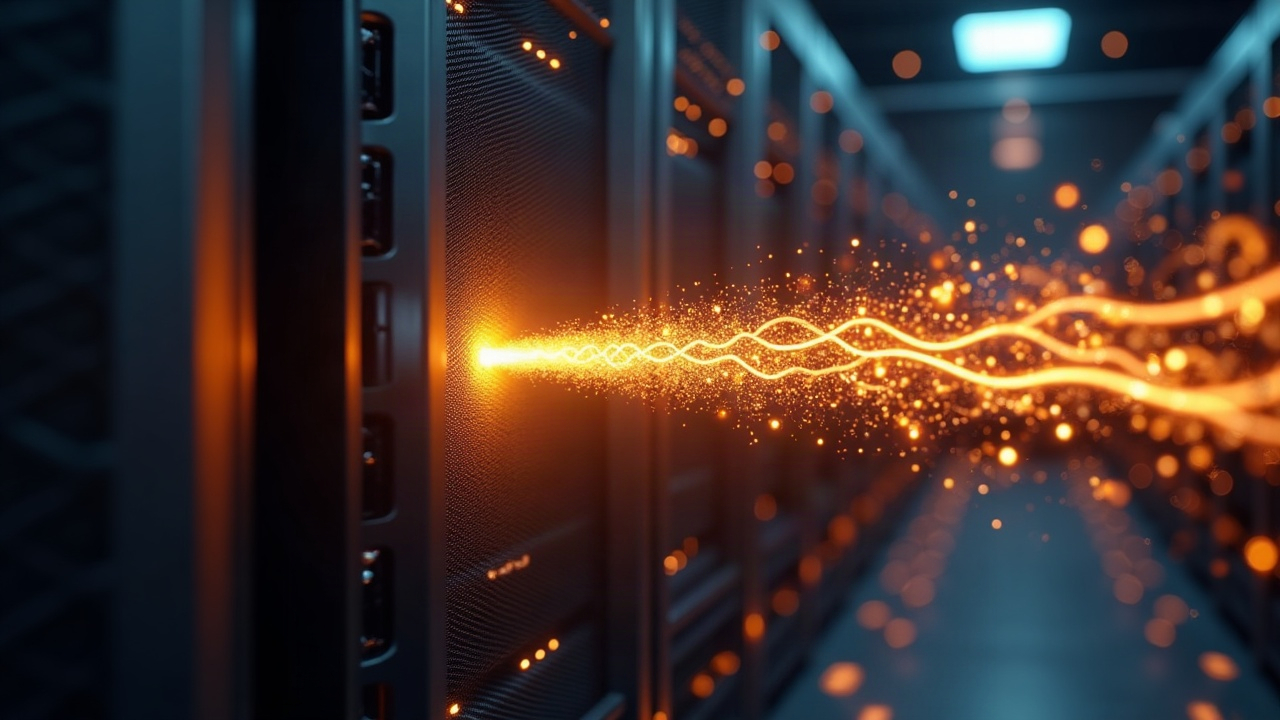 Photorealistic mining rack with glowing BTC transactions flowing toward a blockchain pillar, symbolizing ViaBTC-Mempool.
