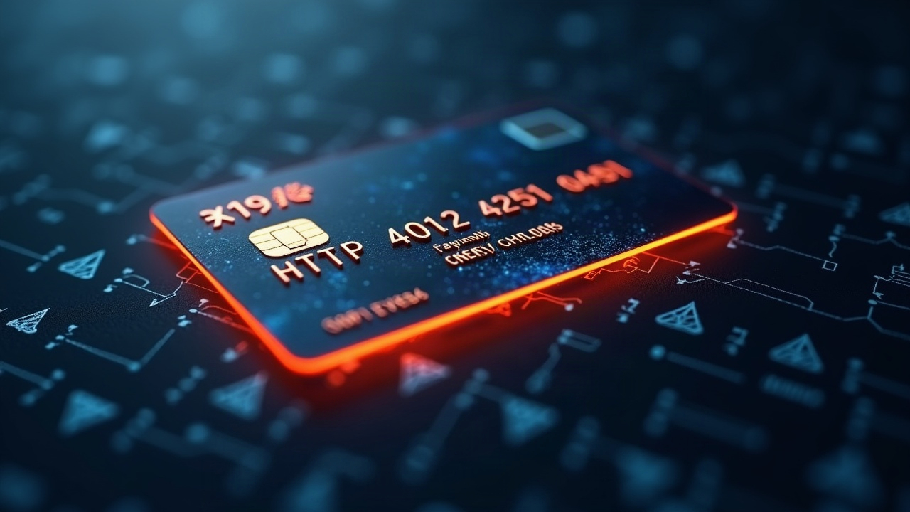 Glowing HTTP 402 payment card overlaid on a blockchain ledger, symbolizing on-chain microtransactions for AI compute.