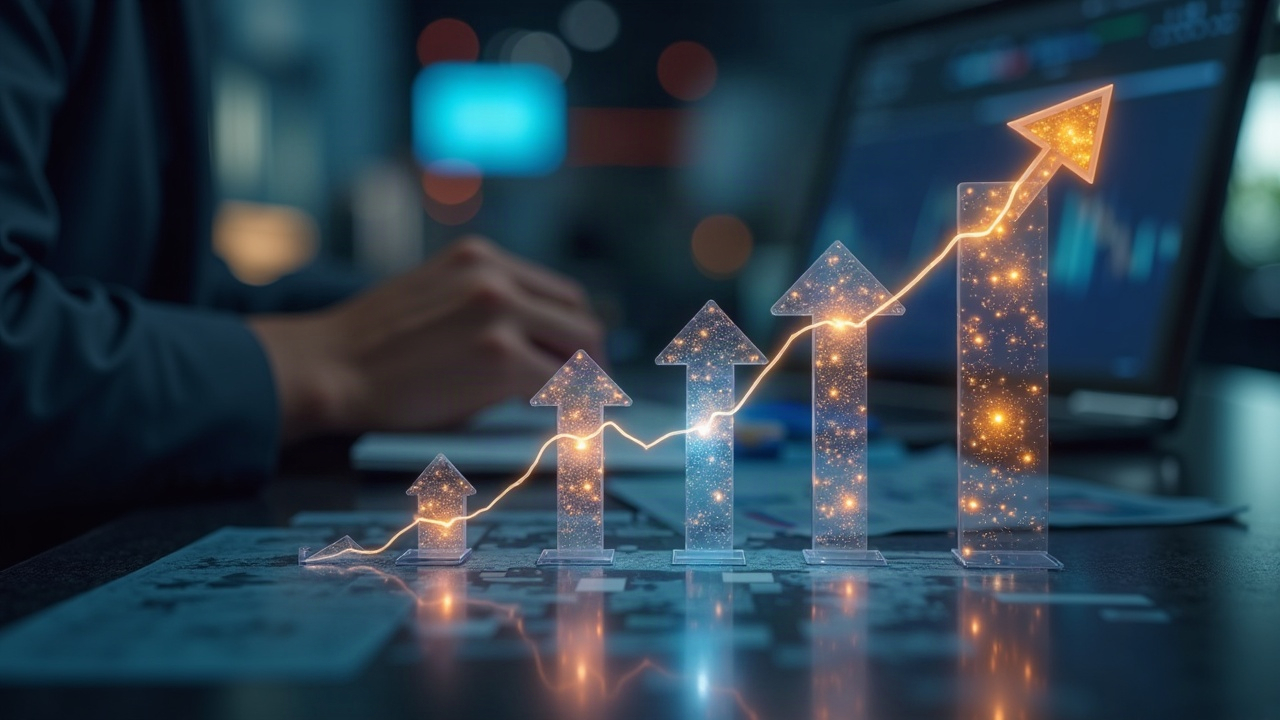 Photorealistic trading desk with BTC and ETH holograms and three glowing 3x leverage arrows in a newsroom backdrop