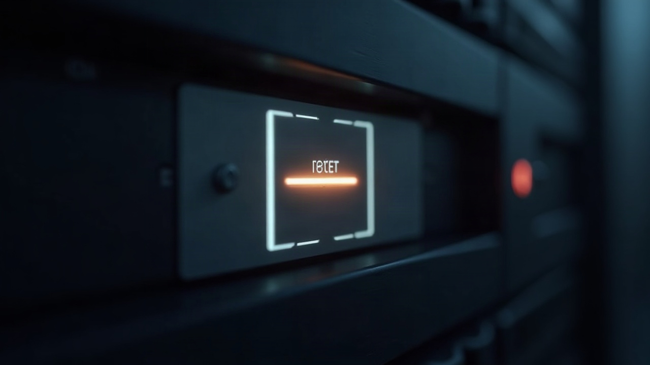 Photorealistic closeup of a glowing genesis block in a dim Aptos testnet server room with a subtle reset symbol.