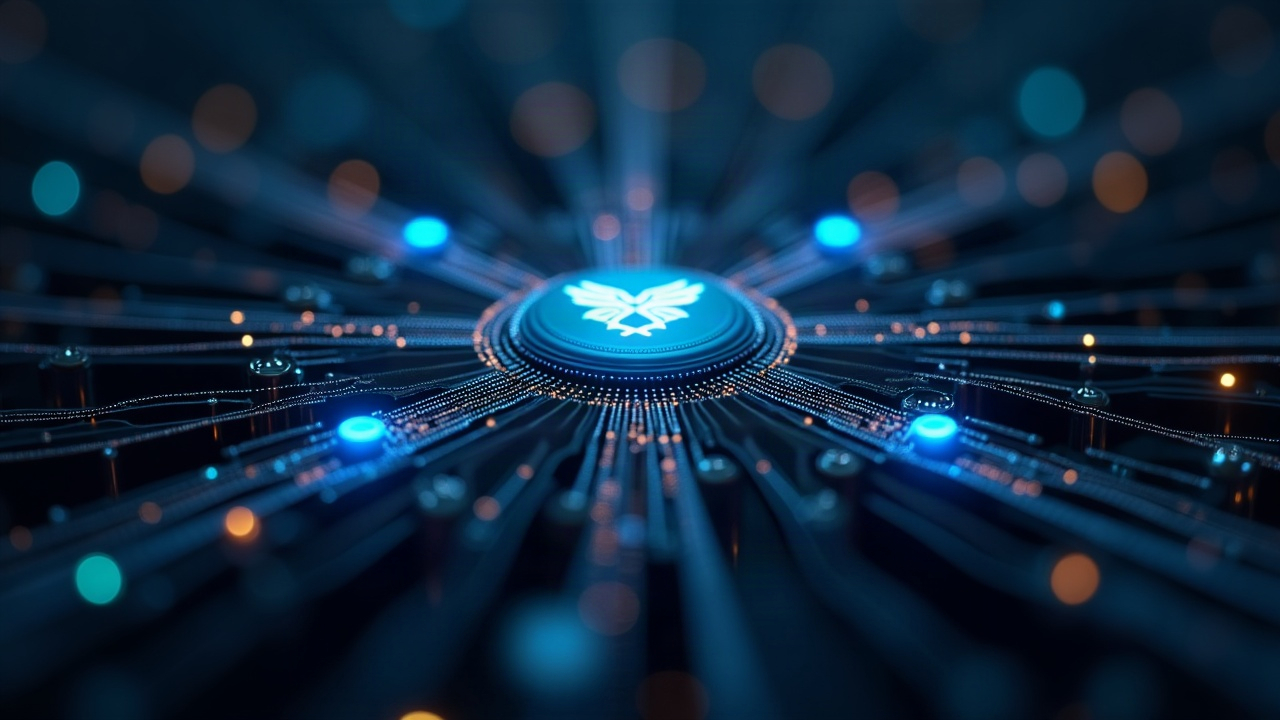 Close-up of a blockchain node hub with blazing data streams converging on a Helicon logo, symbolizing fast, decentralized validation.