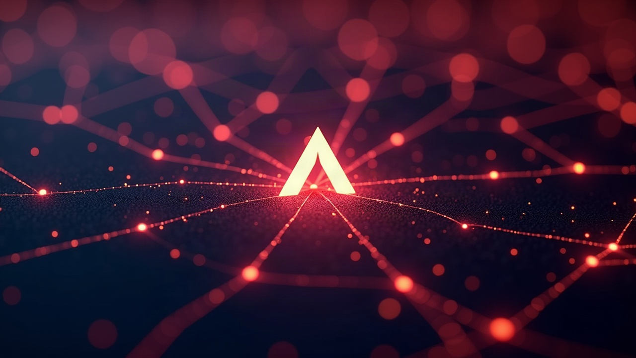 Close-up of a glowing network map around the Avalanche logo with branching lines for L1s and subnets.