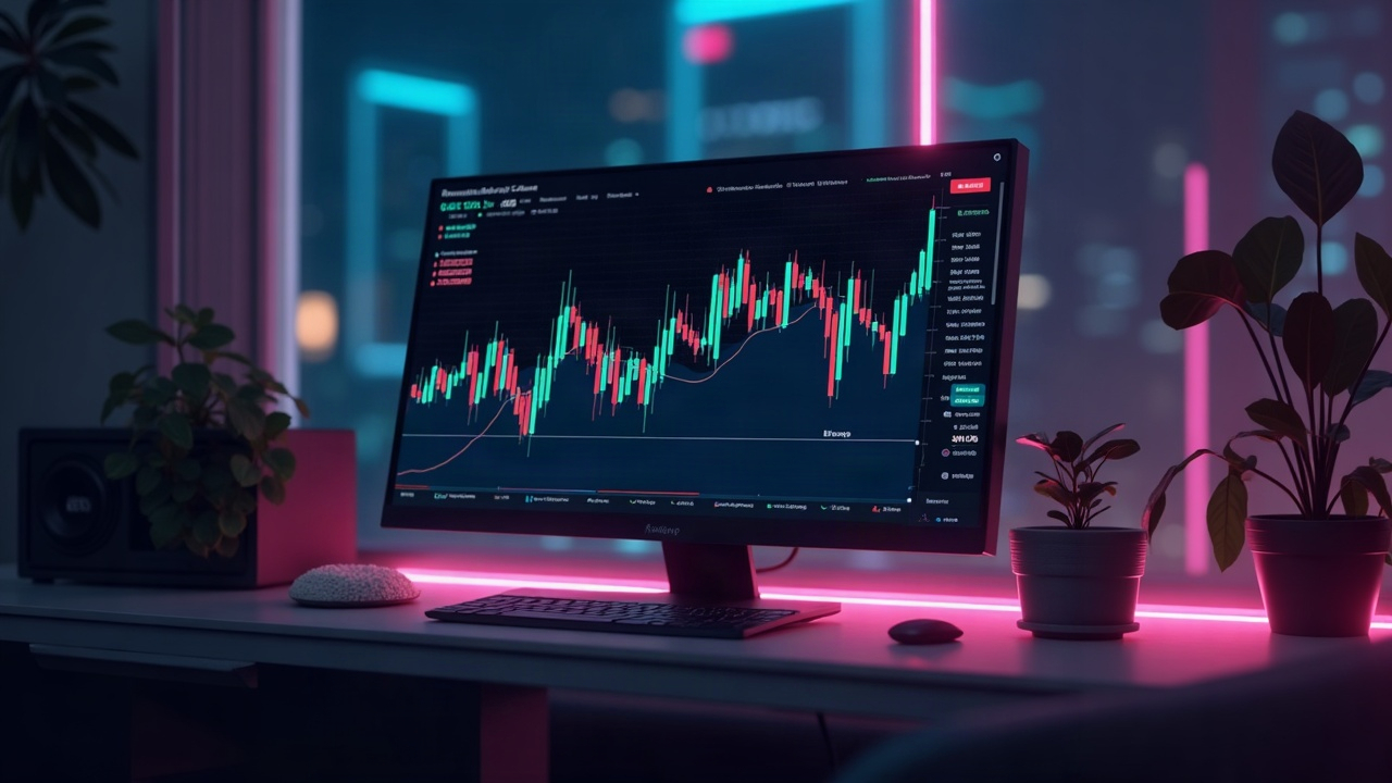 Photorealistic crypto trading desk with a monitor showing 30-day DEX volume; neon Base and Robinhood Chain lines.