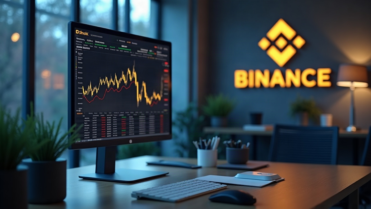 Photorealistic newsroom desk with a trading monitor showing bStock tickers against USDT and a blurred Binance logo.