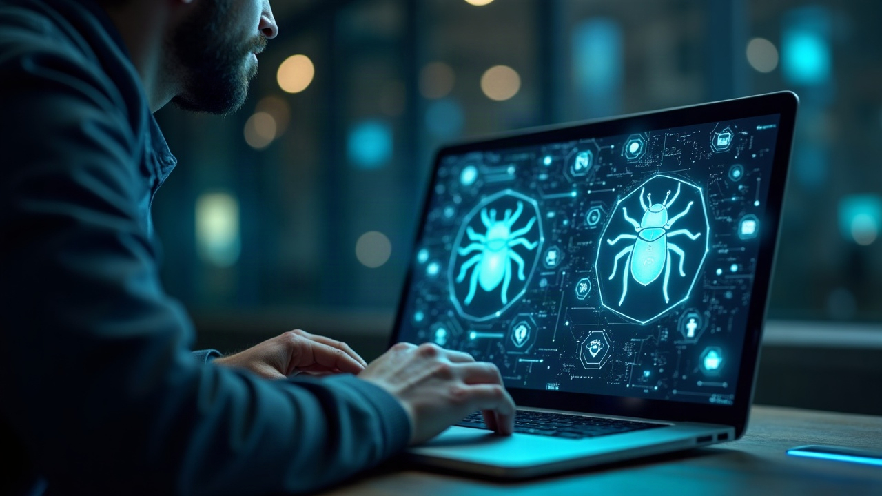 Close-up of a security engineer at a laptop with holographic patch notes and AI bug icons against a muted blockchain grid.