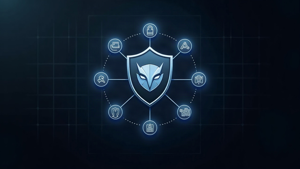 Editorial shot of BNB Chain logo with a central AvengerDAO shield and six orbiting audit icons.