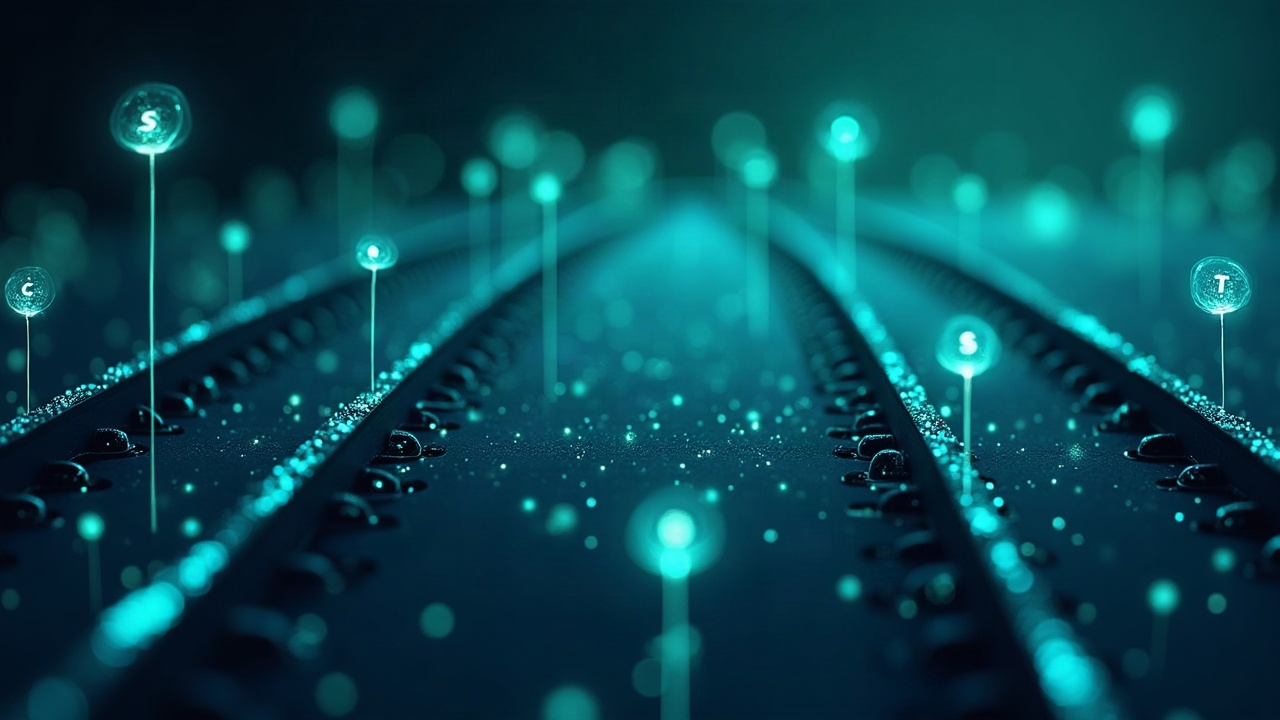 Photorealistic header: blockchain hub with glowing zero-fee rails and rising tokenized equities icons, blue-green gradient.